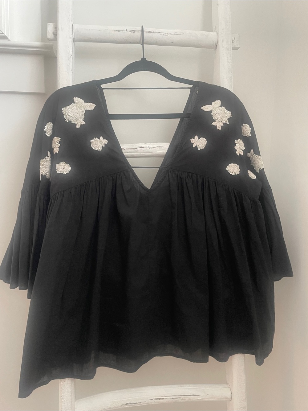 Maeve Black V-Neck Peasant Top with Cream Floral Embroidery